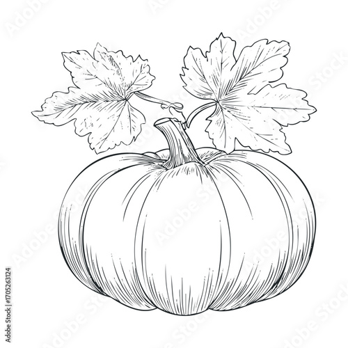  A detailed black and white drawing of a pumpkin with leaves.
