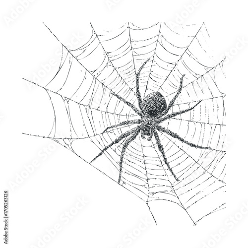 A detailed, realistic black and white drawing of a spider in a web.