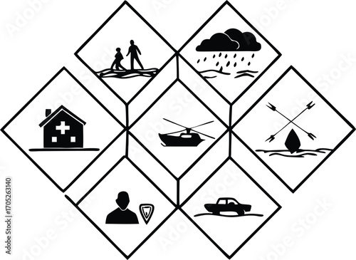 Flood Disaster Relief Icons Set – Emergency Rescue, Evacuation, Safety, Shelter Symbols