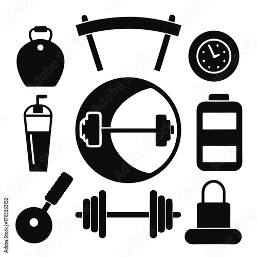 Group of black silhouette icons featuring gym equipment, a drink, and a clock on a white background