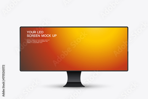 LED screen mockup is displayed with a vibrant gradient background blending orange, red, and yellow. The realistic design offers a professional way to present LED