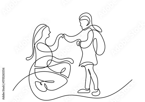 continuous line drawing of a mother kneeling to encourage her daughter, who is wearing a backpack, love, care, and support before going to school.Minimalist black linear isolated on white background.