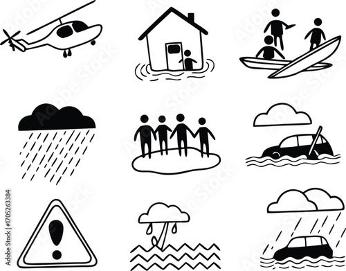 Flood Disaster Relief Icons Set – Emergency Rescue, Evacuation, Safety, Shelter Symbols