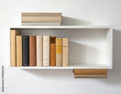 Bookshelf with Stacked Books Against White Wall
