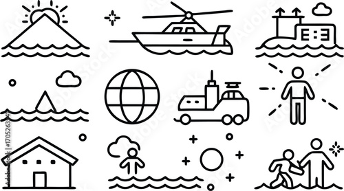 Flood Disaster Relief Icons Set – Emergency Rescue, Evacuation, Safety, Shelter Symbols