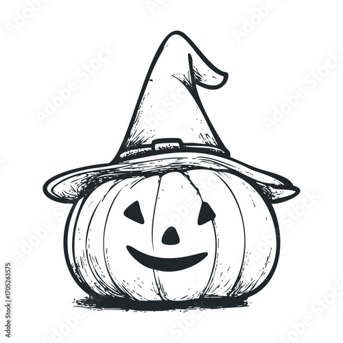 A black and white drawing of a pumpkin wearing a witch hat.