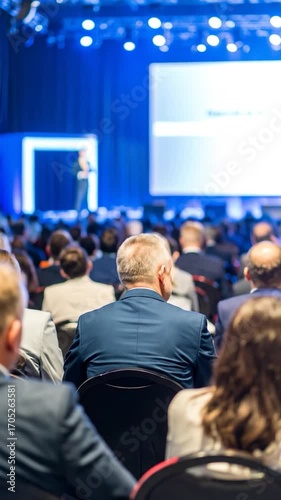 Audience views a speaker at a conference, bathed in blue light. People are mostly in suits. Screens behind speaker