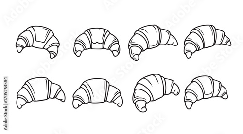 Collection of eight delicious croissant pastries in a simple line drawing silhouette