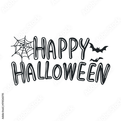 "Happy Halloween" text with a spiderweb and bats.
