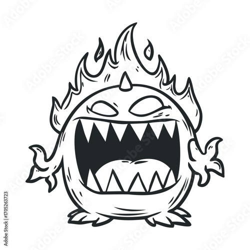 A round monster with a wide-open, menacing mouth.