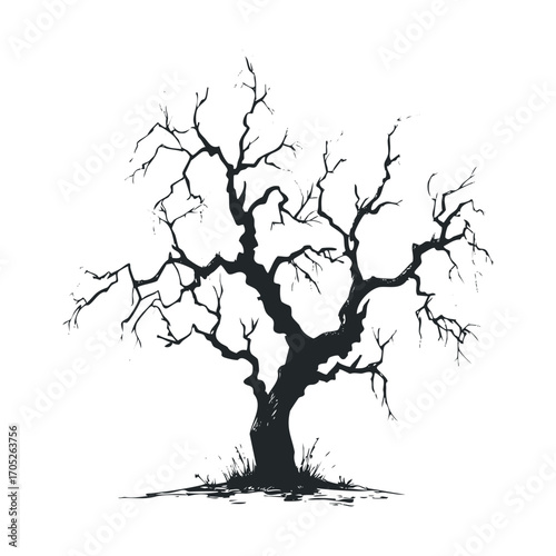 A gnarled, spooky, and leafless tree.