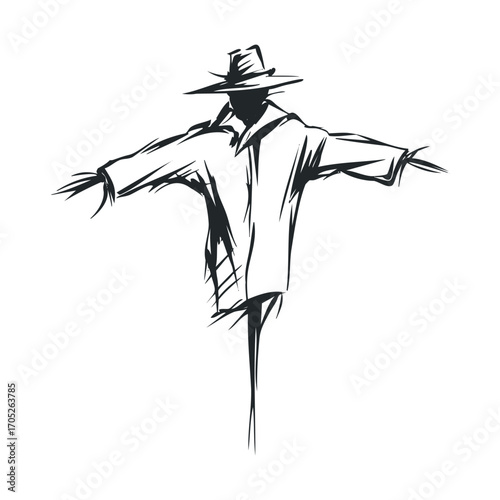 A spooky scarecrow standing with its arms outstretched.