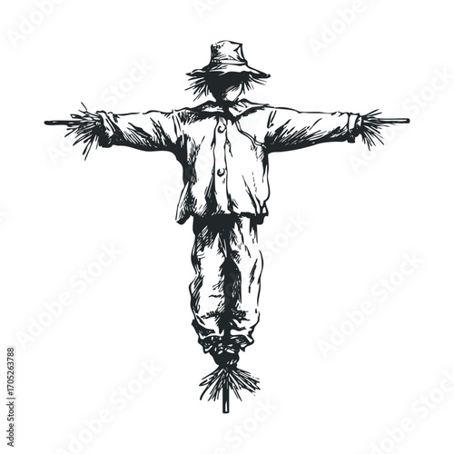 A spooky scarecrow standing with its arms outstretched.