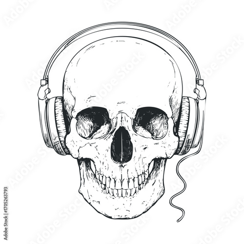 A human skull wearing over-ear headphones.