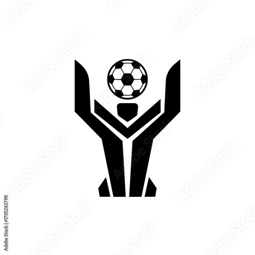A black silhouette vector illustration featuring an abstract figure raising a soccer ball above its head, symbolizing victory, a trophy, or a celebration. 