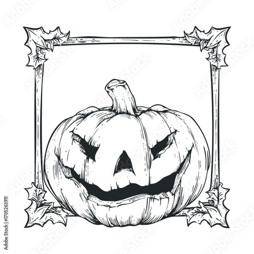 A scary carved pumpkin drawing in a decorative frame.