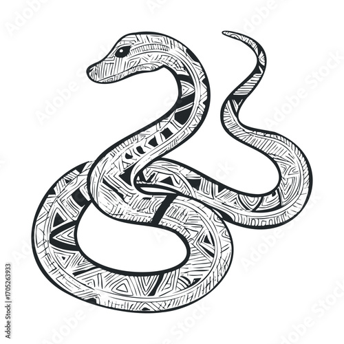 A black and white line drawing of a snake.