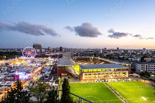 Overview of Heiligengeistfeld with Hamburger Dom fair and Millerntor-Stadion in Hamburg