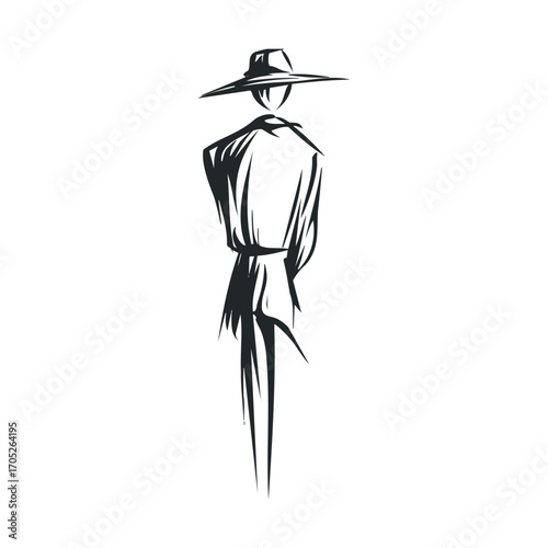 A sketch of a person from behind wearing a hat.