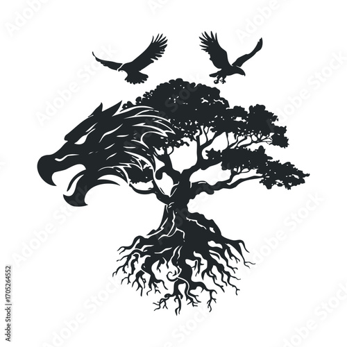 A silhouette of a tree with a roaring wolf head.