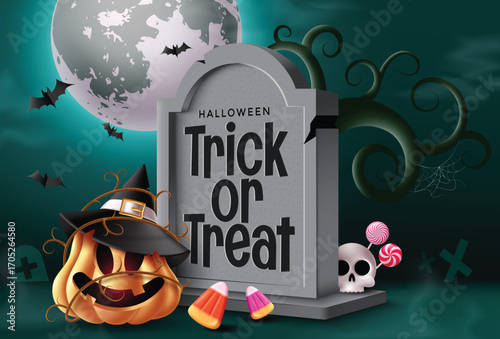 Colorful Halloween design with pumpkin, skull, tombstone, bats, candy corn, and lollipops under a moonlit sky. Great for autumn holiday clipart, trick or treat cards, and seasonal greeting templates.