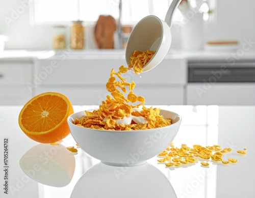 Breakfast Cereal with Orange Slice in Modern Kitchen