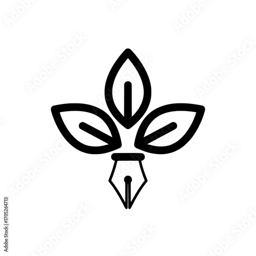 A vector logo combining a pen and three leaves, symbolizing creativity, education, and sustainable growth.