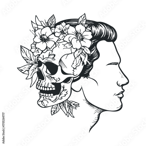 A profile drawing of a man with a skull half.