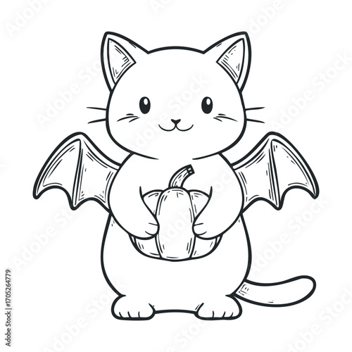 A cute cat with bat wings holding a small pumpkin.