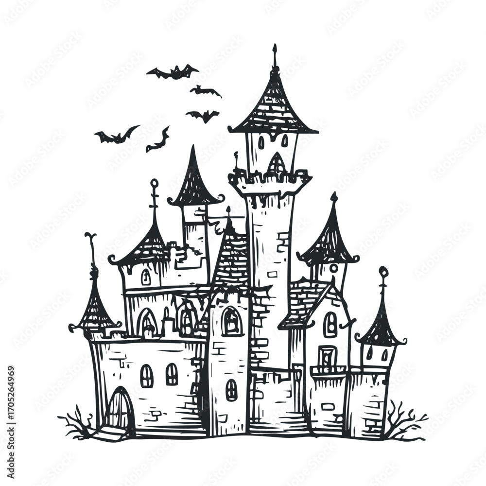 Obraz premium A spooky Halloween castle with bats flying above it.
