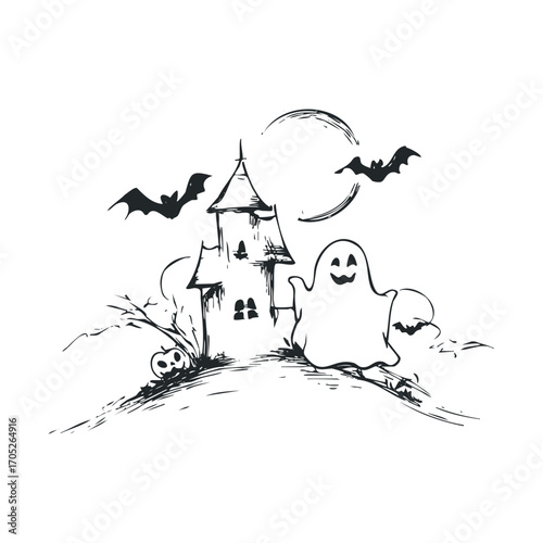  A haunted Halloween house with a ghost, bats, and moon.