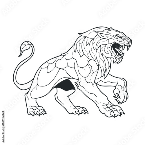 A fierce griffin-like lion with an intricate body.