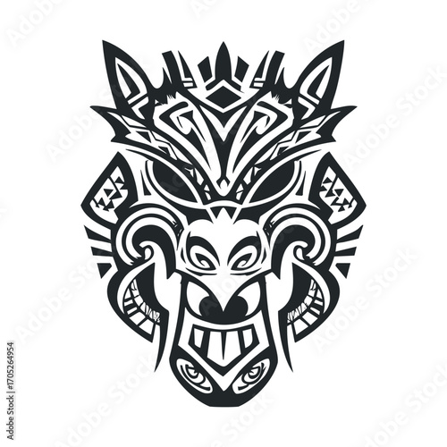 A stylized black and white tribal mask.