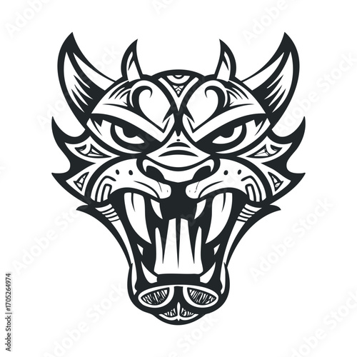 A menacing demon or monster face with sharp fangs.