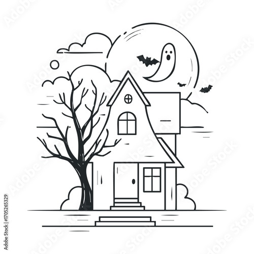  A haunted house with a ghost, bats, and a spooky tree.