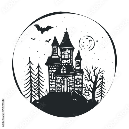 A haunted mansion on a hill at night inside a circle.
