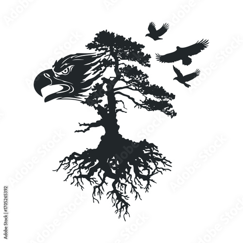 A stylized tree with an eagle's head, and birds flying.