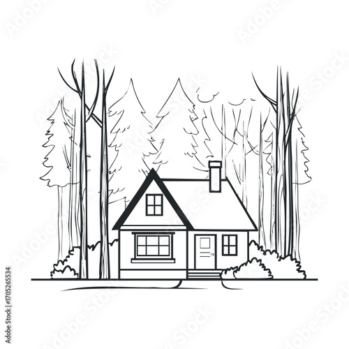 A black and white sketch of a house in the woods.