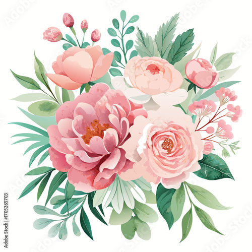 Elegant watercolor floral arrangement with pink flowers