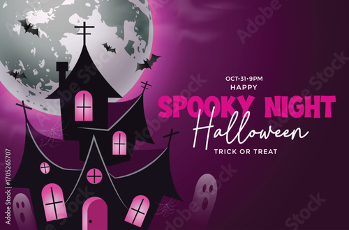 Spooky Halloween design with haunted house, bats, ghosts, spider webs, and moon. Vector template perfect for Halloween greeting cards, party flyers, trick or treat invites, and holiday backgrounds.
