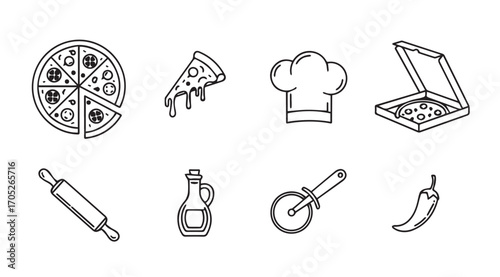 Collection of pizza making and serving elements in a simple line art silhouette