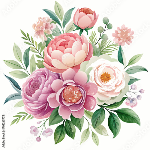 Watercolor floral arrangement with pink and purple hues