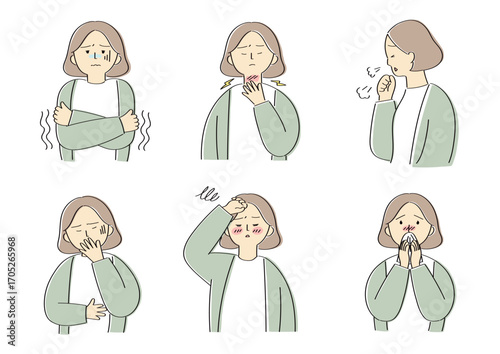 風邪の症状がある女性のイラストセット