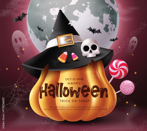 Halloween clipart with pumpkin in a witch hat with skull, candy corn, lollipops, bats, ghosts, and full moon. Festive vector illustration for spooky greeting cards, party flyers, and trick or treat de