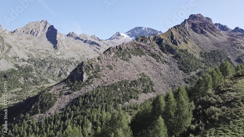 Flying above Scermendone valley with Disgrazia massif on the horizon