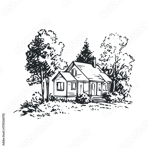 A sketch of a house surrounded by trees and bushes.