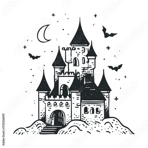  A black and white sketch of a haunted castle at night.