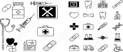 Set of medical and healthcare line and solid icons vector. icons such as medicine, injection, x-ray, bone, tooth, and hospital illustration