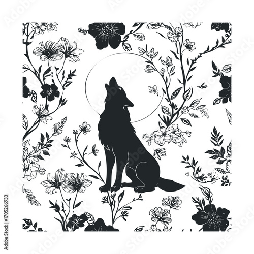 A silhouette of a wolf howling surrounded by flora.