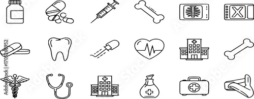 Set of medical and healthcare line and solid icons vector. icons such as medicine, injection, x-ray, bone, tooth, and hospital illustration